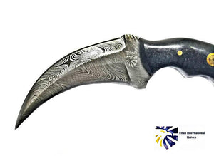 Damascus Ring Skinner with Black Canvas Micarta Scales - Curved Fixed Blade Knife TD-197