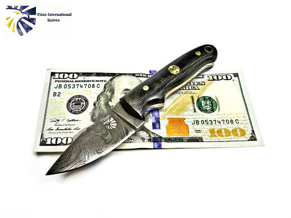 Damascus Steel Drop point Knife, Mini Everyday Carry / Micarta grip by Titan TD-202