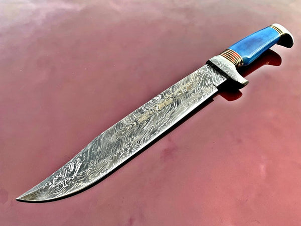 A 15"Inch Custom HandMade Forged Damascus Steel Hunting Bowie Knife Fixed Blade Dyed Bone Handle W/Leather Sheath Full Tang