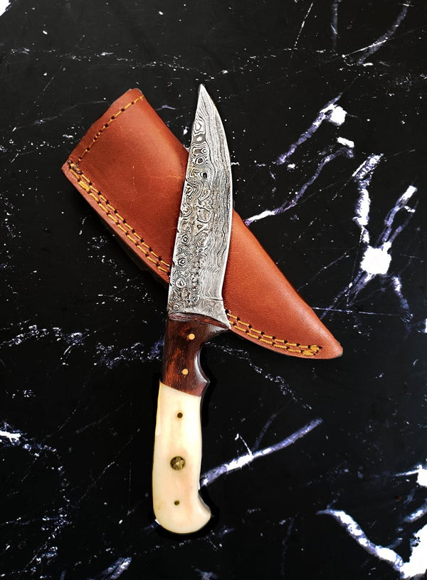 Titan Drop-point Hunter - Custom Hand-forged Damascus Steel/ Fixed Blade/ Walnut Wood & Camel Bone