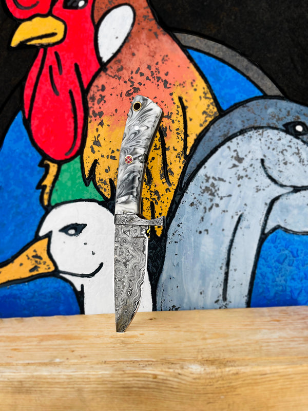 B-Lock Damascus Steel Fixed Blade hunting Knife with Damascus Hilt Titan Drop Point Hunter Acrylic Handle Comes with LEAHER SHEATH